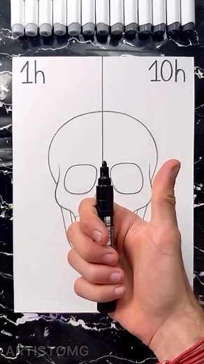 Skull Drawing in 1h vs 10 hours! 💀✨⏳ Which Looks More Realistic?! ✍️ #funnyart #halloween
