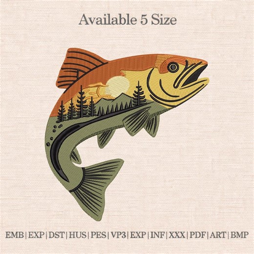 Bass Fish Embroidery Design, Fishing Landscape Embroidery File, Lake Mountain Fish Pattern, Outdoor Fisherman Embroidery - Etsy