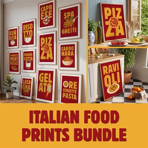 32 Italian Food Prints Bundle, Retro Kitchen Wall Art Set, Pasta Poster Gallery Wall, Vintage Pizzeria Decor, Maximalist Dining Room Art - Etsy