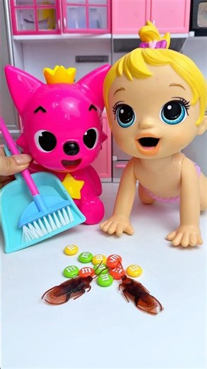 Pinkfong and Doll Smash a Cockroach | Satisfying ASMR Video #shorts #toys