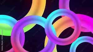 Abstract gradient loop video. 3D circles and donut shapes created with trendy colors. Colorful circles that float while rotating in a looped background. Funny modern floating rings motion graphics.