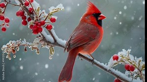 cardinal on a branch in snow, video