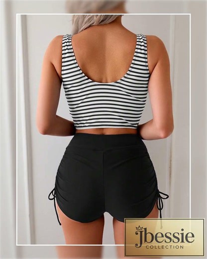 Swim Lushoire Bestselling Striped Print Tankini Swimsuit, Separated Bottom With Side Tie, Beach R...