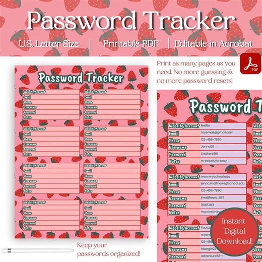 Printable Password Log Tracker, Cute Password Sheet, Track Passcodes PDF, Strawberry Pattern Password Sheet, Password Keeper, U.S Letter - Etsy