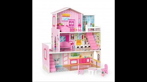 Wooden Dollhouse with Furniture, Doll House Playset for Kids