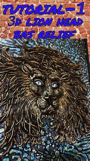 3D Lion Head Gold Texture Painting on Canvas From Polymer Clay/Bas Relief