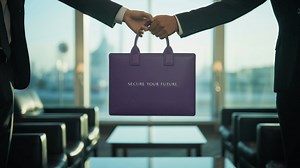 An Investment Portfolio Being Shared Between Elite Through a Rich Violet Leather Portfolio Bag Exchanged at Business Lounge