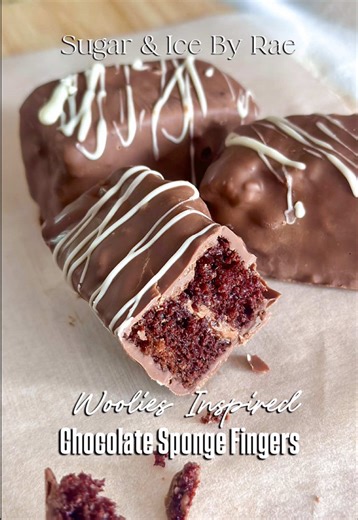 Woolies Inspired Chocolate Sponge Fingers Eid inspo -One of my faves! Chocolate Sponge Fingers By @sugar_n_n_ice_by_rae Cake layer I used 1/2 the cake recipe and got about 16 (Halve the cake, frosting and chocolate for the half recipe) 2 cups Cake Flour 1 3/4 cups sugar 1/2 cup cocoa powder 2 tsp bicarb 1 tsp baking powder 1/2 tsp salt 1 cup yoghurt 1/2 cup oil 2 extra-large eggs 1 tsp vanilla essence 1 cup hot coffee Preheat the oven to 170C. Line a large rectangular pan for a sheet cake… the w