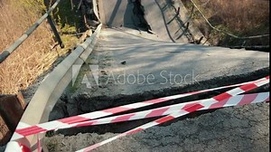 Flood damaged closed highway road, bridge. Cracked asphalt after earthquake. Old broken concrete bridge. Old florida keys broken bridge.