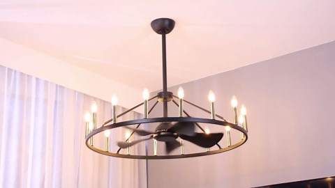 She's home 43" Antique Bronze Wagon Wheel Chandelier Farmhouse Ceiling Fan with Light and Remote,16-Lights Large Fandelier with Candle,Rustic Big Light Fixture for Living Room