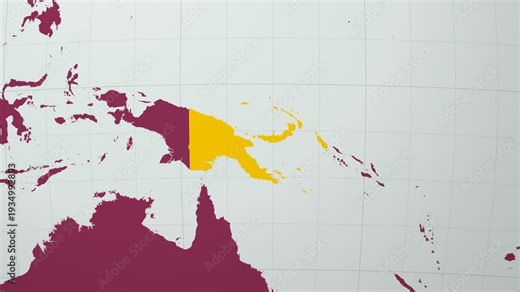 Papua New Guinea map. Animated zoom into the country on the Globe in Pale Mint Dark Pink color palette. Country logo animation with round text and airplanes. Map with meridians, parallels.