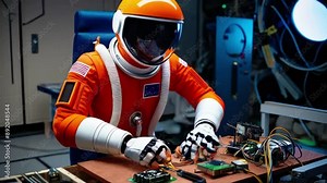 Astronaut in Orange Suit: The image shows an astronaut in a vibrant orange space suit, working at a station on delicate electronic components and circuit boards, highlighting the precision.