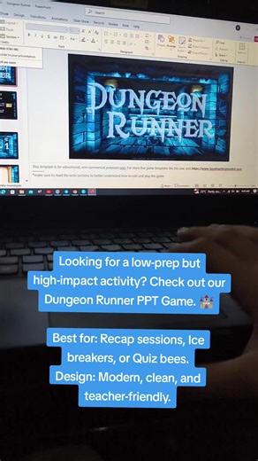 Level up your classroom motivation! ⚔️🛡️ ​Gawing isang epic adventure ang inyong lesson review gamit ang Dungeon Runner PPT Game! 🎮 Hindi lang ito basta presentation; isa itong quest kung saan ang bawat tamang sagot ay susi para makaligtas sa dungeon. ​✅ Perfect for drill activities ✅ Interactive & engaging visuals ✅ Stress-free mastery for students ​Handa na ba ang inyong class na talunin ang monsters ng boredom? Message us to avail! ✨ #powerpoint #interactivegame #FinalDemo #InteractiveLearn