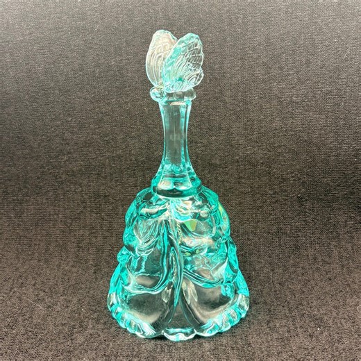 Vintage Fenton Teal Glass Bell With Butterfly Handle and Ruffled Rim - Etsy