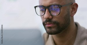 Laptop, programmer and business man in office for research, technology and programming. Internet, software and website with male developer and glasses for productivity, connection and it solution