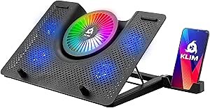 KLIM Nova RGB Laptop Cooling Pad - New - Gaming Laptop Cooler with Phone Holder - Quiet Laptop Stand with Fan - Compatible up to 17"- Ventilador para Laptop - 5-Year Assurance - Mac PS5 PS4 Xbox One