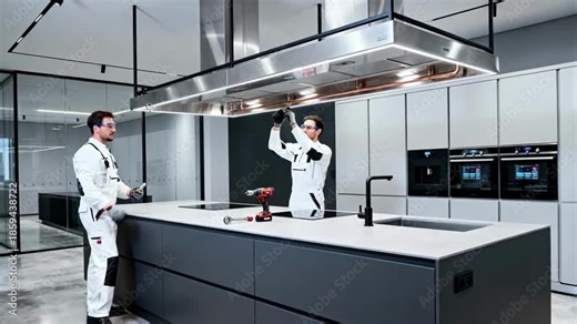 Technicians adjusting and securing ventilation systems during a custom kitchen installation emphasizing precision and modern design elements.
