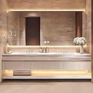 60 Inch Bathroom Vanity with Double Sinks - Luxurious Solid Wood Bathroom Vanity Includes Embossed Striped Wave Panels & Open Storage Rack,Smart Defogging Mirror,Slate Countertops