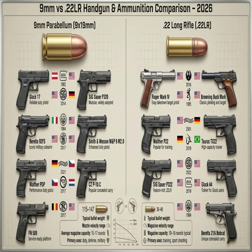 9mm vs .22LR – Handgun & Ammunition Comparison 2026 | Power, Recoil & Performance