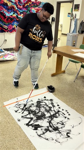 October is White Cane Month, but did you know it is also Art Beyond Sight Awareness Month? This fall, ISBVI art teacher Mrs. Walsh created a project that incorporated white canes and multiple senses, as students used their canes as brush handles to paint while moving to music. Inspired by the process of 20th-century synesthetic artist Wassily Kandinsky, who made abstract paintings inspired by music and believed visual art could evoke sound, this project had two phases—the first, where the artist