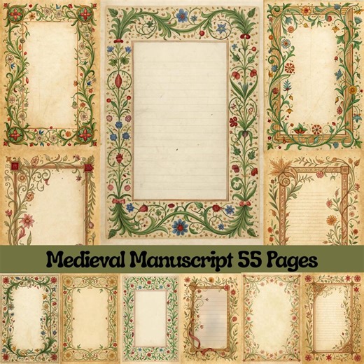 Illuminated Medieval Floral Parchment Pages | Vintage Manuscript Borders | Junk Journal Printable | Antique Botanical Paper - Etsy