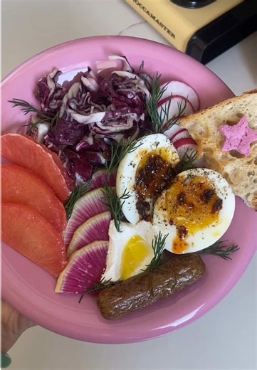 make a breakfast plate with me ⭐️ red raddichio, radish, ruby red grapefruit, watermelon radish, jammy egg, labneh with a drizzle of @Graza olive oil and flakey salt, @Amylu Foods chicken sausage, sourdough toast with pink star butter ⭐️ #fyp #whatieat #breakfastidea #healthybreakfastideas #FoodTok