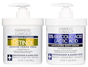 Advanced Clinicals Retinol Body Cream Moisturizer + Exfoliating 10% Glycolic Acid & Lactic Acid Lotion 2PC Skincare Set For Women & Men To Reduce Appearance Of Crepey Skin & Uneven Rough Skin Texture