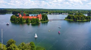 Trakai Island Castle, Lithuania Lake Galvė, gothic architecture touristic landmark