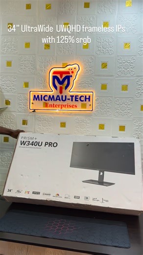 MicMau-Tech Enterprises on Instagram: "Size:34” UltraWide prism pro frameless monitor Panel Type: IPS Resolution: UWQHD (3440 x 1440) Refresh Rate: 75 Hz Color Gamut: 125% sRGB Brightness: 300 cd/m² Aspect Ratio: 21:9 (listed as 1.78:1 in source, likely a typo for 21:9 or 2.33:1) Features: ZeroBezel design, Eye Care Technology Connectivity: HDMI 2.0, DisplayPort 1.4 Performance & Design Visuals: Optimized for productivity, providing a wide, immersive workspace. Color: 125% sRGB color space provi