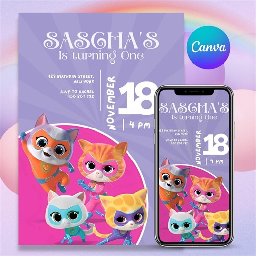 Superkitties Invitation, Printable Editable Super Kitty Invite, Superkitty Birthday Party Invite Template, Canva Editable Template - Etsy