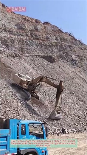 Excavator Slides Down Rocky Slope