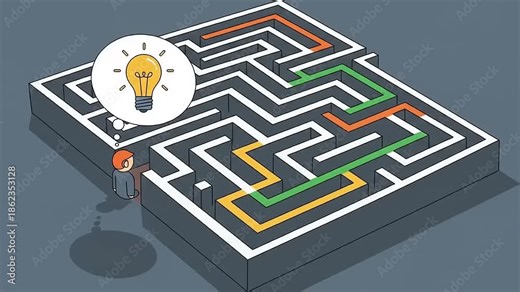 Animated maze pathfinding with idea lightbulb solution.