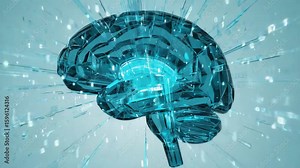 Light blue crystal brain receiving and processing vast amounts of data through advanced, futuristic connections within a cutting-edge technological and scientific environment