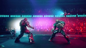 Cyborg Destroys Rival Robot With Powerful Punches In Fake Video Game Combat Animation. Combat Cyborgs Fight On Stadium. Cyberpunk Animation. Martial Arts Combat Cyborgs Animation. Battle