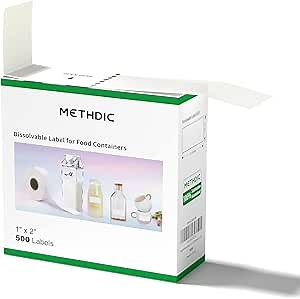 Methidc Dissolvable Food Storage Labels ，Dissolves in Water in 30 Seconds - No Adhesive Residue - Perfect for Glass, Metal, Plastic Containers ，Blank White 1 X 2 Inch 500 Stickers(1 Roll)