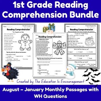 1st Grade Reading Comprehension Bundle | August–January Monthly Passages