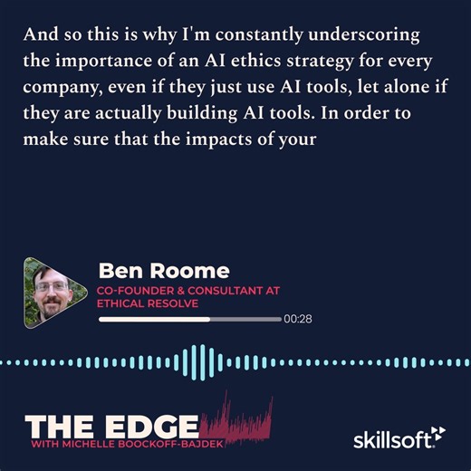 A new episode of #TheEdge is live! Listen in on our conversation with Ben Roome, Co-Founder & Consultant at Ethical Resolve, where we chatted about the importance of fairness, accountability, and transparency when working with AI and how companies can ensure that they are using these new technologies responsibly. Tune in: https://bit.ly/48laaC2 | Skillsoft | Facebook
