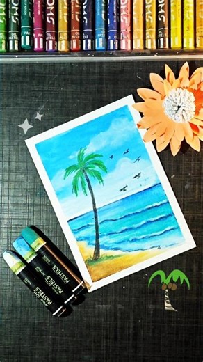 🌊🌴Beautiful Beach Scenery Drawing | Easy Oil Pastel Art #success#shorts #oilpastel#art #artist