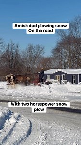 Amish dud plowing snow on the road using two horsepower snow plow. | Romel Constantino Viernes