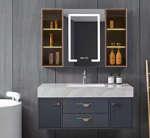 [Hot Item] China Bathroom Furniture Customized Bathroom Cabinet LED Mirror Cabinet Sintered Stone Counter Top Storage Cabinet
