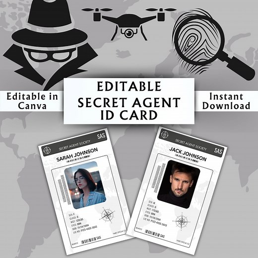 Editable Secret Agent ID Card Template - Printable Identification Cards - Printable Spy Name Badge - Canva Template - Instant Download - Etsy