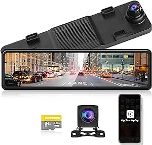 Pruveeo 11“ Mirror Dash Cam Compatible with Apple Carplay,Full HD Rearview Mirror Car Stereo,1080P Front and Rear View Dual Cameras, Night Vision, Parking Assistance, Free 64GB Card