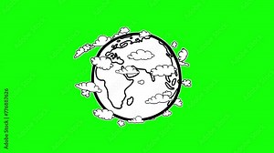 Earth cartoon with clouds black and white greenbox with outline. Fully hand drawn, dynamic animation on white background for any use. Good for whiteboard, explainer, education video.