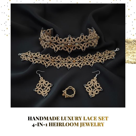 Handmade Tatting Lace Jewelry Set – Royal Blue & Gold, Heirloom Art - Etsy