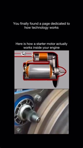 How Technology Works on Instagram: "Follow @howtechnologyworkss to learn how technology shapes our world, one post at a time A starter motor is a compact but powerful electric motor that brings an engine to life. When you turn the key or press the start button, electricity flows from the battery straight into the starter. This sends power into a coil inside the motor, generating a magnetic force strong enough to spin a small gear known as the pinion gear. The pinion briefly engages with the engi