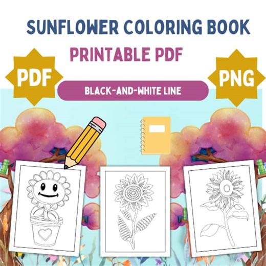 Sunflower Coloring Book PDF – Flower Line Art for Kids & Adults | Fall & Plant