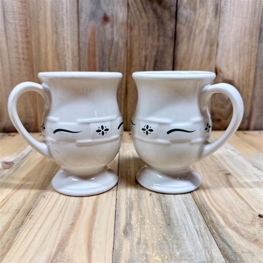 Longaberger Pottery Coffee Mugs – Heritage Green Pattern, Set of 2 Footed Stoneware Cups, Classic Basket‑weave Pottery Kitchen Decor - Etsy