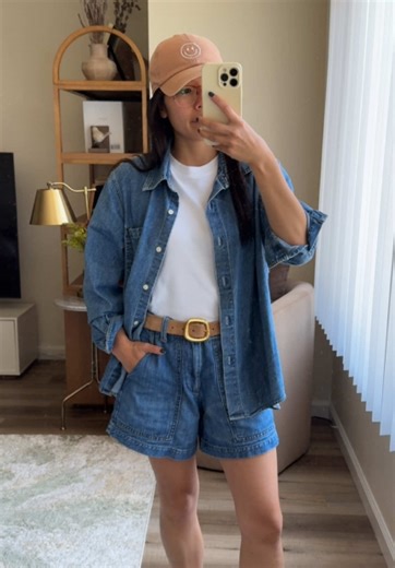 OOTD - it’s a casual, comfy, no make up kind of day 🫐💕 Denim button down: @Gap (thrifted) White tee: @COS Belt: @madewell Shorts: @Banana Republic (thrifted) Glasses: @Oliver Peoples Shoes: @BIRKENSTOCK USA Hat: @shoppetwelve #casualoutfits #casualstyle #denimondenim #outfitinspo #outfitoftheday