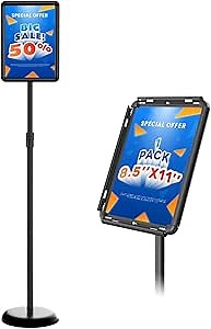 Sign Stand Holder 8.5x11 inch - Adjustable Sign Holder Stand for Display with Heavy Duty Base, Floor Standing Sign Holder for Business, Retail, Events, Offices, Trade Show(Black 8.5×11 inch - 1 Pack)