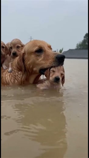 Chú chó cõng đàn con vượt qua nước lũ #shorts #animals #pets #dogshorts